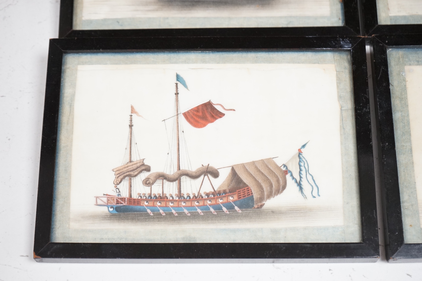 19th century, Chinese school, studies of ships and junks, set of six pith paper paintings, 10 x 16cm